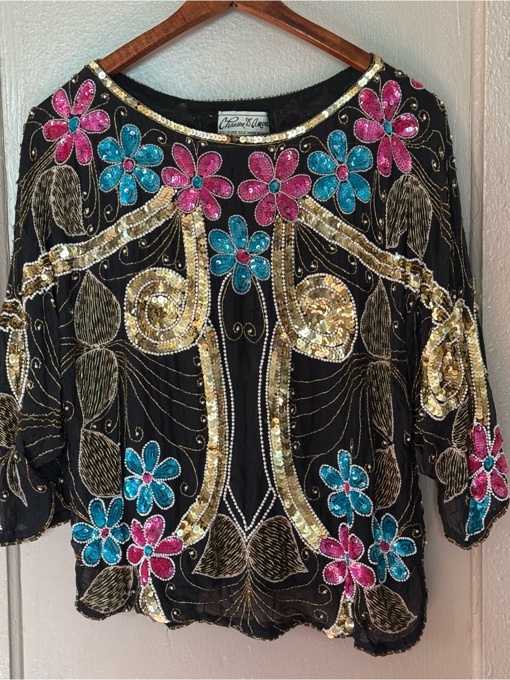 80s Sequin Glam Women’s L Stevie Nicks Core Mystic Boho Statement Silk Blouse
